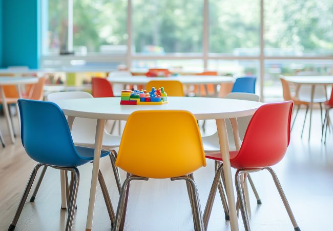 An empty kindergarten classroom with small tables and chairs